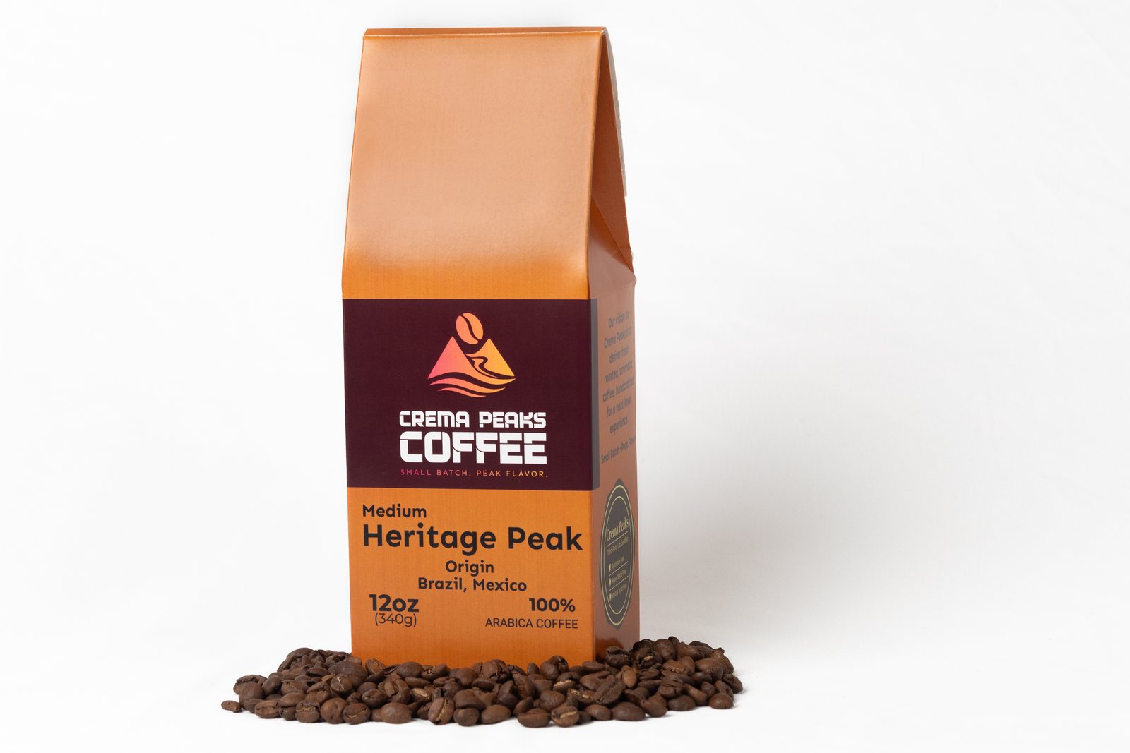 Crema Peaks Coffee bag with roasted coffee beans, commercial product photography by Southern Exposure